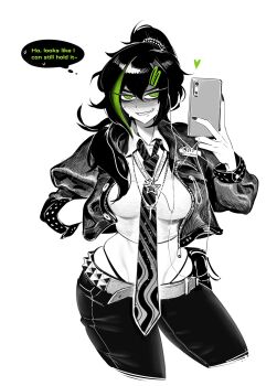 1girl absurdres aierlaobo alternate_costume belt black_hair breasts cellphone commentary criss-cross_halter crop_top cropped_jacket denim diagonal-striped_clothes diagonal-striped_necktie english_commentary green_eyes green_hair greyscale hair_ornament hairclip halterneck hand_in_pocket heart highleg highleg_panties highres hip_bones holding holding_phone jeans jewelry medium_breasts midriff monochrome multiple_necklaces narrow_waist necklace necktie outside_border panties pants phone ponytail pouch renee_graves smartphone smile solo spot_color star_(symbol) star_necklace striped_clothes studded_belt sweat the_coffin_of_andy_and_leyley underwear wavy_mouth