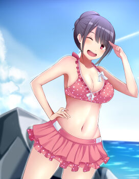 Rule 34 | 1girl, absurdres, beach, bikini, eri (goseiger), highres, ocean, one eye closed, rizukiri, super sentai, swimsuit, tensou sentai goseiger, wink