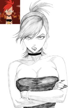 1girl angry bare_shoulders breasts crossed_arms derivative_work dress earrings fingernails foster's_home_for_imaginary_friends frankie_foster glaring greyscale hex_mamaso highres hoop_earrings jewelry large_breasts long_fingernails monochrome multiple_earrings reference_inset scowl screenshot_redraw solo strapless strapless_dress upper_body