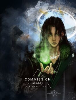 1boy artskiddy69 black_hair black_shirt commission earrings fire fur_collar green_eyes highres jewelry long_hair magic male_focus necklace original shadow_slave shirt solo upper_body