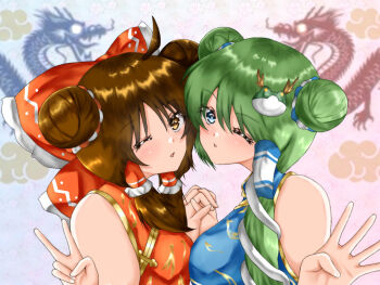 2girls :d ahoge alternate_costume asymmetrical_docking bare_shoulders blue_dress blue_eyes breast_press brown_eyes brown_hair china_dress chinese_clothes commentary_request double_bun dragon_background dress eyelashes frilled_hair_tubes frills frog_hair_ornament gold_trim green_hair hair_between_eyes hair_bun hair_ornament hair_tubes hakurei_reimu highres kochiya_sanae lekkapanda long_hair multiple_girls one_eye_closed open_mouth portrait red_dress single_hair_tube sleeveless sleeveless_dress smile snake_hair_ornament touhou v waving white_background