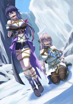 2girls ball_gag bare_shoulders bdsm black_boots black_pantyhose bondage boots bound breasts bronya_rand closed_eyes commentary_request detached_sleeves gag highres honkai:_star_rail honkai_(series) kneeling large_breasts multiple_girls pantyhose restrained seele_(honkai:_star_rail) shibari snow tsugumi0705