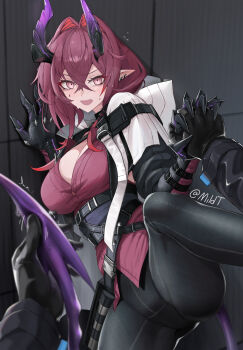 1girl 1other absurdres ambiguous_gender arknights ascalon_(arknights) breasts commentary crossed_bangs demon_horns demon_tail doctor_(arknights) hair_between_eyes hair_intakes highres horns interlocked_fingers large_breasts long_hair looking_at_viewer mildt open_mouth pasties pointy_ears pov purple_eyes purple_hair purple_shirt shirt solo_focus tail tail_grab twitter_username