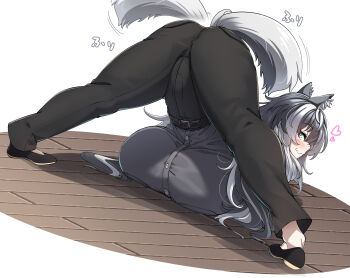 1girl animal_ears black_pants black_shoes blue_eyes breasts dog_ears dog_girl dog_girl_(konoshige) dog_tail grey_hair grey_shirt hands_on_ground highres huge_breasts husky husky_girl_(konoshige) jack-o&#039;_challenge konoshige_(ryuun) long_hair looking_at_viewer looking_back multicolored_hair original pants shirt shoes smile solo spread_legs tail tail_wagging top-down_bottom-up two-tone_hair very_long_hair white_hair wide_spread_legs wooden_floor