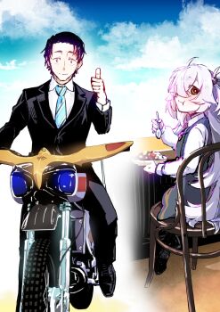 1boy 1girl :t absurdres black_eyes black_hair black_pants black_shoes black_suit blue_archive blue_necktie blue_sky blush bright_pupils chair closed_mouth collared_shirt commentary_request curry curry_rice day diagonal-striped_clothes diagonal-striped_necktie dress dress_shirt eating food formal_clothes full_body grey_dress grey_hair hair_over_one_eye hand_up highres holding holding_spoon kanoe_(blue_archive) long_bangs long_hair looking_at_viewer looking_back motor_vehicle motorcycle multicolored_eyes nakamobu necktie on_chair one_eye_closed orange_eyes outdoors pants pinafore_dress rice school_uniform sensei_(blue_archive) shirt shoes short_hair sitting sky sleeveless sleeveless_dress smile spiked_hair split_mouth spoon striped_clothes suit thumbs_up two-tone_eyes two_side_up very_long_hair white_pupils white_shirt