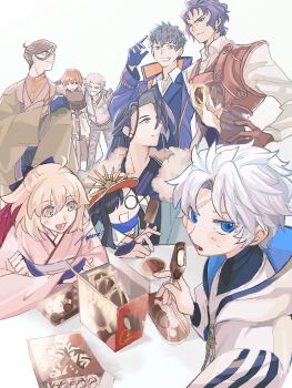 absurdres ahoge aqua_haori black_bow black_coat black_gloves black_hair black_suit blue_eyes blush bow brown_gloves brown_hair brown_kimono brown_vest clothes_around_waist coat collared_coat curtained_hair dragon_print eating facial_scar fate/grand_order fate_(series) food formal_clothes fur_shawl glasses gloves grey_hair hair_bow hair_over_one_eye hair_slicked_back haori harada_sanosuke_(fate) hat highres hijikata_toshizou_(fate) holding holding_food holding_ice_cream ice_cream jacket jacket_around_waist japanese_clothes kimono kondou_isami_(fate) kondou_isami_(white_kotetsu)_(fate) long_hair looking_at_viewer medallion mini_nobu_(fate) multicolored_jacket nagakura_shinpachi_(fate) nagatsuki_(huwamo9_8ku) oda_nobunaga_(fate) okita_souji_(first_ascension)_(fate) pants partially_fingerless_gloves peaked_cap pink_kimono red_hair saitou_hajime_(fate) saitou_hajime_(first_ascension)_(fate) scar scar_on_cheek scar_on_face scar_on_forehead shawl shinsengumi_(fate) shirt sleeveless suit suit_jacket sweat toudou_heisuke_(fate) triple_vertical_stripe two-tone_jacket vest wavy_hair white_hair white_pants white_shirt yamanami_keisuke_(fate) yellow_eyes