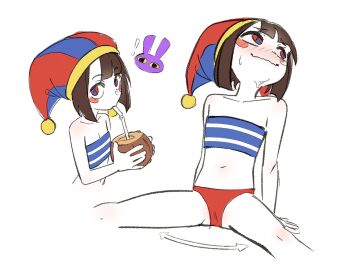 1girl blue_eyes brown_hair hat hat_bell jester_cap loli multicolored_eyes pomni_(the_amazing_digital_circus) red_eyes striped_clothes striped_headwear the_amazing_digital_circus vertical-striped_clothes vertical-striped_headwear vibrantrida