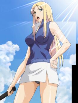 1girl absurdres black_panties blonde_hair breasts date_wingfield_reiko fault!! green_eyes hand_on_own_hip highres large_breasts long_hair open_mouth panties racket serious skirt sleeveless stitched tennis_racket third-party_edit underwear