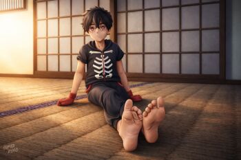 1boy absurdres artist_name barefoot black_hair black_jacket closed_mouth crossed_legs feet gloves highres hood hooded_jacket jacket kemono_jihen kusaka_kabane male_focus reclining red_eyes red_gloves short_hair skeleton_print soles solo super_kubo