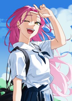 1girl absurdres alien_stage bag black_bag black_skirt blue_necktie blue_sky commentary english_commentary hand_up highres kuradrawings long_hair mizi_(alien_stage) necktie one_eye_closed open_mouth pink_hair shirt short_sleeves shoulder_bag skirt sky smile solo teeth upper_teeth_only very_long_hair white_shirt yellow_eyes