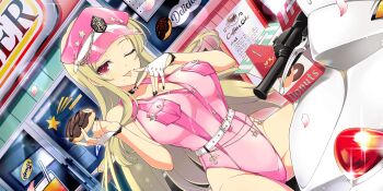 1boy :q black_nails blonde_hair breasts cleavage day diner donut fingerless_gloves food gloves hair_ornament hairclip highres holding holding_donut holding_food large_breasts leotard licking licking_finger long_hair looking_at_viewer makeup mole mole_under_mouth motorcycle nail_polish official_art on_motorcycle one_eye_closed outdoors pink_leotard police police_uniform policewoman red_eyes senran_kagura senran_kagura_new_link shiki_(senran_kagura) sitting strapless strapless_leotard tongue tongue_out