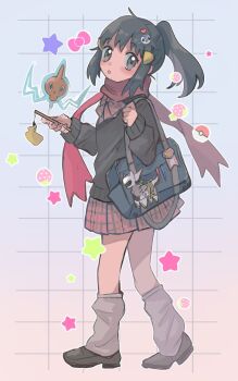 1girl :o alternate_costume anzu_(01010611) arceus bag blush brown_footwear commentary dawn_(pokemon) from_side full_body gen_4_pokemon grey_background grey_eyes hair_ornament hairclip holding holding_phone leg_warmers legendary_pokemon long_sleeves looking_at_viewer mythical_pokemon nintendo phone piplup pokemon pokemon_(creature) pokemon_dppt ponytail rotom rotom_(normal) scarf shoes sidelocks skirt sweater symbol-only_commentary