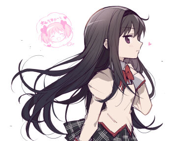 1girl akemi_homura black_hair highres ikuchi_osutega kaname_madoka long_hair long_sleeves mahou_shoujo_madoka_magica plaid_clothes plaid_skirt purple_eyes school_uniform simple_background skirt speech_bubble thought_bubble upper_body white_background