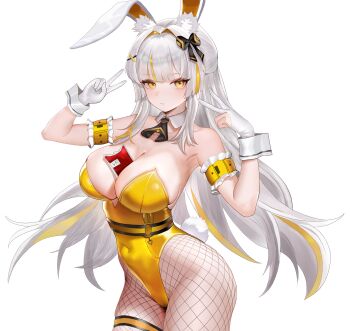 Rule 34 | 1girl, absurdres, animal ears, armband, armpits, bare shoulders, between breasts, black bow, black survival, blood, blood bag, blunt bangs, bow, breasts, cleavage, closed mouth, collarbone, commentary, covered navel, detached collar, arrow symbol hair ornament, double v, eternal return: black survival, fake animal ears, fake tail, fingerless gloves, fishnet pantyhose, fishnets, frilled armband, frills, gloves, gold leotard, hair bow, hair ornament, hands up, highleg, highleg leotard, highres, large breasts, leotard, long hair, minami rio, minami rio (winning shot), multicolored hair, official alternate costume, pantyhose, partially fingerless gloves, playboy bunny, rabbit ears, rabbit tail, sidelocks, simple background, single fingerless glove, standing, strapless, strapless leotard, streaked hair, tail, thigh strap, thighs, v, very long hair, white background, white gloves, white hair, white wrist cuffs, wonderkeyu, wrist cuffs, x hair ornament, yellow armband, yellow eyes