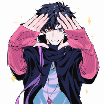 1boy black_hair blue_eyes clenched_teeth commentary dul_(dulvista424) heterochromia high_collar kamen_rider kamen_rider_ex-aid_(series) looking_at_viewer male_focus outstretched_arms outstretched_hand parad red_eyes simple_background solo sparkle teeth upper_body white_background