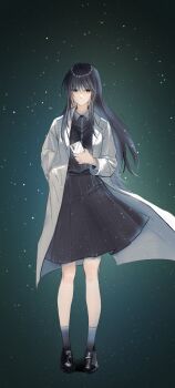 Rule 34 | 1girl, absurdres, black dress, black eyes, black hair, coat, commentary request, dress, full body, genderswap, genderswap (mtf), gj9158, hair over shoulder, hand in pocket, highres, holding, holding phone, kim dokja, korean commentary, long hair, looking at viewer, omniscient reader's viewpoint, open clothes, open coat, phone, pigeon-toed, solo, standing, white coat, wind, wind lift