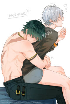 2boys armlet arms_around_waist belt belt_buckle black_belt black_shirt buckle closed_eyes closed_mouth commentary_request gogo_(go2z3) green_hair grey_hair grey_male_underwear highres jewelry lighter_(zenless_zone_zero) long_sleeves male_focus male_underwear multiple_boys open_mouth pants parted_bangs scar scar_on_back shirt sitting squeans underwear watermark white_background wise_(zenless_zone_zero) yaoi zenless_zone_zero