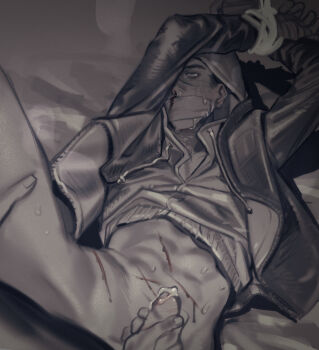 1boy abs arms_up bed_sheet black_jacket blood bound bound_wrists c2h4_(1849155751) clothes_lift cum cum_on_body cum_on_penis dark dead_by_daylight expressionless gag grey_hoodie greyscale hand_on_another&#039;s_thigh highres hood hoodie hoodie_lift improvised_gag jacket male_focus monochrome nosebleed open_clothes open_jacket penis_grab pov pov_hands scar scar_on_stomach short_hair simple_background spread_legs sweatdrop tape tape_gag the_legion_(dead_by_daylight) upper_body