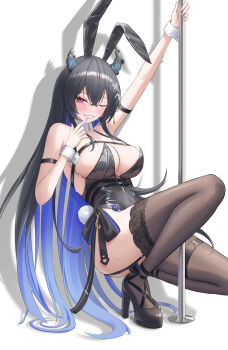 1girl ;d absurdres almonxtea alternate_costume animal_ears arm_strap arm_up armpits asymmetrical_horns black_hair black_leotard black_shoes black_thighhighs blue_hair blush breast_strap breasts cleats colored_inner_hair commentary detached_collar english_commentary fake_animal_ears fake_tail flower flower_knot full_body garter_straps hair_ornament heart heart_o-ring high_heels highres hololive hololive_english horn_flower horns lace lace-trimmed_thighhighs lace_trim large_breasts leotard long_hair looking_at_viewer mole mole_under_eye multicolored_hair nerissa_ravencroft o-ring one_eye_closed open_mouth platform_heels playboy_bunny pole_dancing rabbit_ears rabbit_tail shoes sidelocks simple_background smile solo strapless strapless_leotard tail tassel tassel_hair_ornament thighhighs uneven_horns very_long_hair virtual_youtuber white_background wrist_cuffs