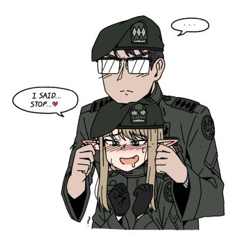 ... 1boy 1girl blue_eyes blush brown_hair drooling elf english_text fang glasses hat karepack long_hair military_uniform open_mouth original pointy_ears rubbing_ears semi-rimless_eyewear sidelocks simple_background speech_bubble spoken_ellipsis white_background yi_jina