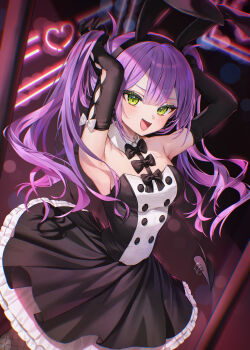 1girl :d absurdres animal_ear_hairband animal_ears armpits bare_shoulders black_bow black_bowtie black_dress black_gloves blurry blurry_background bow bowtie breasts buttons center-flap_bangs colored_inner_hair commentary_request demon_girl demon_tail detached_collar double-breasted double-parted_bangs dress elbow_gloves fake_animal_ears fangs fishnet_pantyhose fishnets frilled_dress frills gloves green_eyes hair_between_eyes hairband highres holding holding_own_hair hololive layered_dress long_hair looking_at_viewer multicolored_hair nontraditional_playboy_bunny official_alternate_costume open_mouth pantyhose piercing pink_hair purple_hair rabbit_ear_hairband rabbit_ears runlan_0329 sleeveless sleeveless_dress small_breasts smile solo strapless strapless_dress streaked_hair tail tail_ornament tail_piercing tokoyami_towa twintails virtual_youtuber