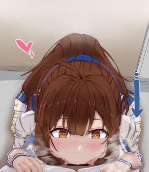 Rule 34 | 1boy, 1girl, absurdres, bar censor, blush, brown eyes, brown hair, censored, cheerleader, commentary request, deepthroat, erection, fellatio, from above, heart, heavy breathing, hetero, highres, idolmaster, idolmaster shiny colors, indoors, kneeling, kuwayama chiyuki, open mouth, oral, ponytail, pov, ronpaia (kakuge), skirt, uniform, wristband