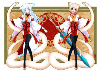 Rule 34 | 2girls, animal ears, barefoot, blonde hair, blue eyes, fox tail, konshin, long hair, looking at viewer, multiple girls, no panties, open mouth, orie mishiro, original, pelvic curtain, phantasy star, phantasy star online 2, pixiv fantasia, pixiv fantasia fallen kings, short hair, smile, snake, sword, tail, toeless legwear, toes, weapon, white hair, zero (konshin)