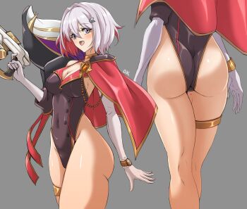 1girl :d ass asymmetrical_gloves black_unitard blue_eyes breasts cape colored_inner_hair commentary_request covered_navel deekei gloves good_thighs_day grey_hair gun highres holding holding_gun holding_weapon honkai:_star_rail honkai_(series) medium_breasts mole mole_on_thigh multicolored_hair multiple_views open_mouth red_hair shiny_skin short_hair simple_background smile streaked_hair thighs topaz_(honkai:_star_rail) uneven_gloves unitard weapon