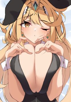 1girl absurdres alternate_costume black_leotard blonde_hair breasts breasts_squeezed_together bunny_day cleavage commentary_request earrings four-finger_heart_hands heart heart_hands highres huge_breasts jewelry leotard long_hair looking_at_viewer lying midriff mikan_(mika_n95) mythra_(xenoblade) on_back one_eye_closed paid_reward_available playboy_bunny swept_bangs tiara very_long_hair white_wrist_cuffs wrist_cuffs xenoblade_chronicles_(series) xenoblade_chronicles_2 yellow_eyes