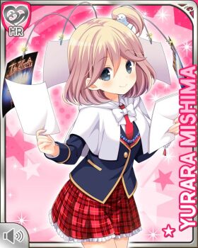 1girl beads blonde_hair blue_jacket bracelet cape closed_mouth flyer girlfriend_(kari) grey_eyes holding hood hood_down jacket jewelry looking_at_viewer mishima_yurara necklace neckwear_request official_art pink_background plaid_clothes plaid_skirt qp:flapper red_skirt short_hair side_ponytail skirt smile solo standing tagme