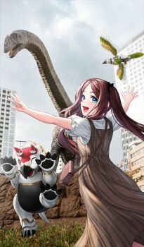 1girl :d arms_up blue_eyes breasts brown_dress brown_hair cloud cloudy_sky commentary_request cowboy_shot dinosaur dress fate/grand_order fate_(series) from_behind game_cg leonardo_da_vinci_(fate) leonardo_da_vinci_(fate/grand_order) leonardo_da_vinci_(rider)_(fate) long_hair looking_at_viewer medium_dress non-humanoid_robot official_art open_mouth outdoors outstretched_arms parted_bangs photo_background pinafore_dress robot robot_animal robot_bird shirt short_sleeves sidelocks simosi sky sleeveless sleeveless_dress small_breasts smile solo third-party_source triceratops twintails white_shirt