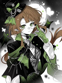 1girl :3 artist_request black_background brown_hair bug butterfly cloak commission fang fang_out floating_hair gloves gradient_background green_eyes green_gloves hand_up hat highres index_finger_raised insect kakania_(reverse:1999) long_hair low_ponytail mini_hat mini_top_hat monocle partially_colored pointy_ears ponytail reverse:1999 second-party_source shirt solo top_hat upper_body vest waistcoat white_background