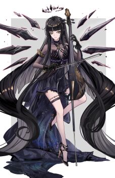 1girl absurdres arknights black_dress black_eyes black_gloves black_hair black_halo black_wings blunt_bangs bodystocking bow_(music) breasts broken_halo cello dark_halo detached_wings dress energy_wings gloves halo high_heels highres holding holding_bow_(music) holding_instrument instrument jineg long_hair looking_at_viewer mole mole_under_eye official_alternate_costume sleeveless sleeveless_dress smile solo thigh_strap very_long_hair virtuosa_(arknights) virtuosa_(diversity_oneness)_(arknights) wings yellow_pupils