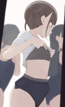 3girls black_one-piece_swimsuit brown_hair changing_clothes clothes_lift clothes_pull film_grain flat_chest from_side grey_sports_bra hands_up highres hiroki_(yyqw7151) lifting_own_clothes multiple_girls navel one-piece_swimsuit one-piece_swimsuit_pull original profile school_swimsuit shirt shirt_lift short_hair solo_focus sports_bra stomach swimsuit very_short_hair white_shirt