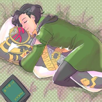 1boy armor bed bed_sheet belt black_hair book clock curly_hair dakimakura_(object) gold_armor hugging_object kamen_rider kamen_rider_zi-o kamen_rider_zi-o_(series) kamen_rider_zi-o_ouma male_focus ohma_zi-o pillow pillow_hug polka_dot polka_dot_background polka_dot_bed_sheet red_eyes signature sleeping stool watch woz_(kamen_rider_zi-o) wristwatch yaoi