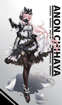 1girl alternate_costume apron bang_dream! bang_dream!_it's_mygo!!!!! black_dress black_gloves black_pantyhose black_shoes blue_eyes character_name chihaya_anon chinese_commentary commentary_request dress enmaided full_body gas_mask gloves gun headset highres holding holding_gun holding_weapon iue_(pixiv_95802465) juliet_sleeves long_hair long_sleeves looking_at_viewer maid maid_headdress mask night_vision_device pantyhose pink_hair puffy_sleeves shell_casing shoes solo standing tactical_clothes tactical_maid unconventional_maid variant_set very_long_hair weapon weapon_request white_apron