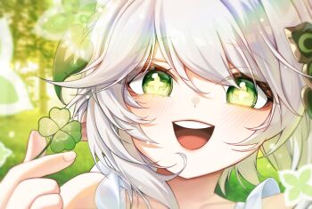 1girl bare_shoulders blush clover commentary cross-shaped_pupils fingernails four-leaf_clover genshin_impact green_eyes hair_ornament hand_up highres leaf_hair_ornament leegh19769 long_hair looking_at_viewer nahida_(genshin_impact) open_mouth pointy_ears portrait solo symbol-only_commentary symbol-shaped_pupils teeth upper_teeth_only white_hair