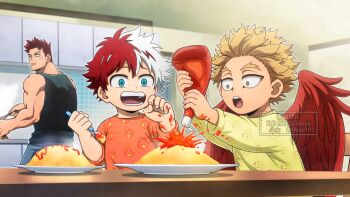 0ksiri0 3boys aged_down black_tank_top blue_eyes boku_no_hero_academia brown_hair endeavor_(boku_no_hero_academia) fingernails food hawks_(boku_no_hero_academia) highres indoors ketchup_bottle kitchen male_focus multicolored_hair multiple_boys omelet omurice pajamas red_hair red_wings short_hair splatter split-color_hair squeezing tank_top teeth todoroki_touya wings