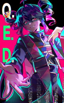 Rule 34 | 0916psy, 1girl, ahoge, black hair, black nails, black robe, double-parted bangs, drill hair, fingernails, grin, hair between eyes, hand on own chest, highres, kasane teto, looking at viewer, multicolored hair, nail polish, offering hand, pink hair, pink trim, q&amp;a (utau), red eyes, robe, shaded face, smile, twin drills, two-tone background, two-tone hair, utau, wide sleeves