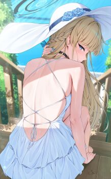 1girl absurdres alternate_costume black_choker blonde_hair blue_archive blue_eyes blue_flower blue_rose blurry blush bokeh braid choker commentary_request depth_of_field dress flower from_behind half_up_braid hat hat_flower highres layered_dress long_hair looking_at_viewer looking_back median_furrow outdoors pool rose rosumerii sitting sitting_on_stairs solo squuro stairs sun_hat sundress toki_(blue_archive) wooden_stairs