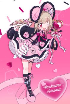 1girl ;d absurdres ankle_strap asymmetrical_legwear belt black_belt black_bow black_capelet black_ribbon black_sleeves black_socks blonde_hair blue_bow blunt_bangs blush bonnet bow bow_legwear brooch buckle buttons capelet character_name chinstrap colored_inner_hair commentary_request dress drill_hair fang footwear_bow frilled_bonnet frilled_capelet frilled_dress frilled_sleeves frills full_body hair_intakes hair_ornament hair_ribbon heart heart-shaped_buckle heart_brooch heart_wand highres holding holding_wand jewelry kokeshi_(kokekokeko619) leaning_forward leg_tattoo long_hair long_sleeves looking_at_viewer magical_girl makaino_ririmu mismatched_legwear multicolored_hair multiple_belts neck_ribbon nijisanji official_alternate_costume official_alternate_hairstyle one_eye_closed open_mouth petticoat pink_background pink_bow pink_dress pink_hair pink_ribbon pink_shoes pink_streaks platform_shoes pointy_ears puffy_long_sleeves puffy_sleeves red_eyes red_ribbon ribbon shoes sidelocks skin_fang smile socks solo standing streaked_hair tattoo two-tone_hair two_side_up virtual_youtuber wand white_ribbon white_socks winged_heart winged_heart_tattoo winged_wand x_hair_ornament