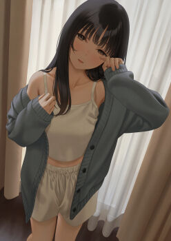 1girl black_hair blue_cardigan camisole cardigan collarbone commentary_request cowboy_shot curtains highres indoors long_hair long_sleeves looking_at_viewer open_cardigan open_clothes original shorts solo standing thighs white_camisole white_shorts yukishima_momo