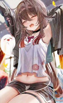 1girl armpits arms_up black_choker black_jacket black_shorts boo_tao_(genshin_impact) breasts brown_hair camisole choker commentary_request dolphin_shorts fang genshin_impact highres hu_tao_(genshin_impact) indoors jacket kabu_usagi navel open_mouth shorts sidelocks sitting skin_fang small_breasts solo stomach watermark watermark_grid white_camisole yawning