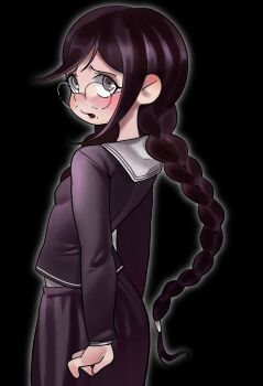 Rule 34 | 1girl, black background, blush, braid, breasts, commentary, cookiesonfloors, cowboy shot, danganronpa: trigger happy havoc, danganronpa (series), english commentary, from behind, fukawa toko, glasses, grey eyes, highres, long hair, long sleeves, looking back, mole, mole under mouth, open mouth, outline, purple hair, purple shirt, purple skirt, raised inner eyebrows, round eyewear, sailor collar, school uniform, serafuku, shirt, simple background, skirt, small breasts, solo, twin braids, white outline, white sailor collar