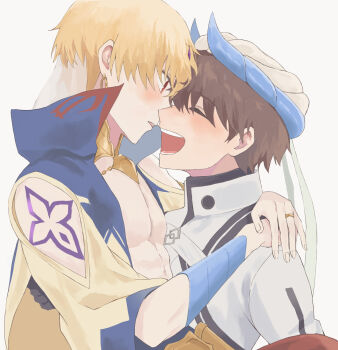 2boys abs armor belt black_gloves blonde_hair blue_shirt blush brown_hair carrying chain circlet clothing_cutout commentary_request earrings fate/grand_order fate_(series) fingernails fujimaru_ritsuka_(male) fujimaru_ritsuka_(male)_(decisive_battle_chaldea_uniform) gem gilgamesh gilgamesh_(caster)_(fate) gilgamesh_(fate) gloves gold_armor gold_belt gold_chain gold_earrings gold_ring hair_between_eyes hands_on_another's_shoulder hands_up happy highres horns jacket japanese_armor jewelry kote kurokote long_sleeves looking_at_another male_focus multiple_boys muscular muscular_male open_clothes open_mouth open_shirt pants pectorals princess_carry purple_gem red_eyes red_pants see-through_clothes see-through_veil shirt short_hair short_sleeves shoulder_cutout shoulder_tattoo simple_background smile tattoo teeth tongue turban two-tone_shirt user_afzu5843 veil white_background white_belt white_jacket white_turban yaoi yellow_shirt