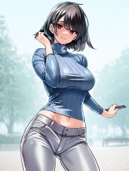 Rule 34 | 1girl, absurdres, adjusting hair, black hair, blue sweater, blurry, blurry background, breasts, cellphone, commentary request, contrapposto, gluteal fold, grey pants, hair between eyes, hand in own hair, highres, holding, holding phone, large breasts, looking at viewer, medium hair, navel, original, outdoors, pants, park, phone, red eyes, ribbed sweater, smartphone, smile, solo, sweater, swept bangs, thighs, tokita monta, turtleneck, turtleneck sweater