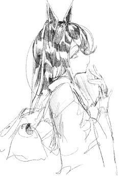 Rule 34 | animal ears, ear tag, earrings, expressionless, greyscale, hair between eyes, highres, horse ears, horse girl, jam (umamusume), japanese clothes, jewelry, kimono, long bangs, long hair, long sleeves, manhattan cafe (umamusume), monochrome, sidelocks, simple background, single earring, umamusume, white background, wide sleeves, yomean!