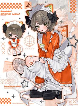 1girl animal_ears bandaid_on_thigh black_boots black_bow blush boots bow brown_eyes brown_hair cat_ears chibi commentary fishnet_pantyhose fishnets frilled_skirt frills full_body hair_between_eyes hair_ornament hairclip highres jacket jersey jersey_maid jewelry leg_warmers maid maid_headdress multiple_rings multiple_views one_eye_closed orange_jacket orange_skirt original pantyhose piercing ring skirt sleeves_past_wrists squatting star_(symbol) star_hair_ornament symbol-only_commentary tongue tongue_piercing unconventional_maid white_leg_warmers xx_raruko