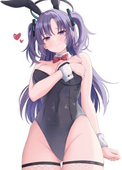 1girl absurdres animal_ears bare_shoulders black_leotard blue_archive blush bow bowtie breasts closed_mouth collar commentary_request covered_navel detached_collar fake_animal_ears fishnet_thighhighs fishnets gluteal_fold groin halo heart highres leotard long_hair looking_at_viewer medium_breasts norazura parted_bangs playboy_bunny purple_eyes purple_hair rabbit_ears red_bow red_bowtie simple_background solo strapless strapless_leotard thighhighs two_side_up very_long_hair white_background white_collar wing_collar wrist_cuffs yuuka_(blue_archive)