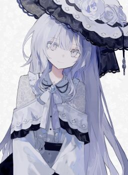 1girl absurdres brooch closed_mouth cowboy_shot dress flower frilled_dress frills grey_background grey_flower grey_hair grey_hat grey_ribbon hat hat_flower highres jewelry long_hair long_sleeves looking_at_viewer mahou_shoujo_no_majo_saiban neck_ribbon ribbon smile solo spoilers tsukishiro_yuki white_dress yinxun404